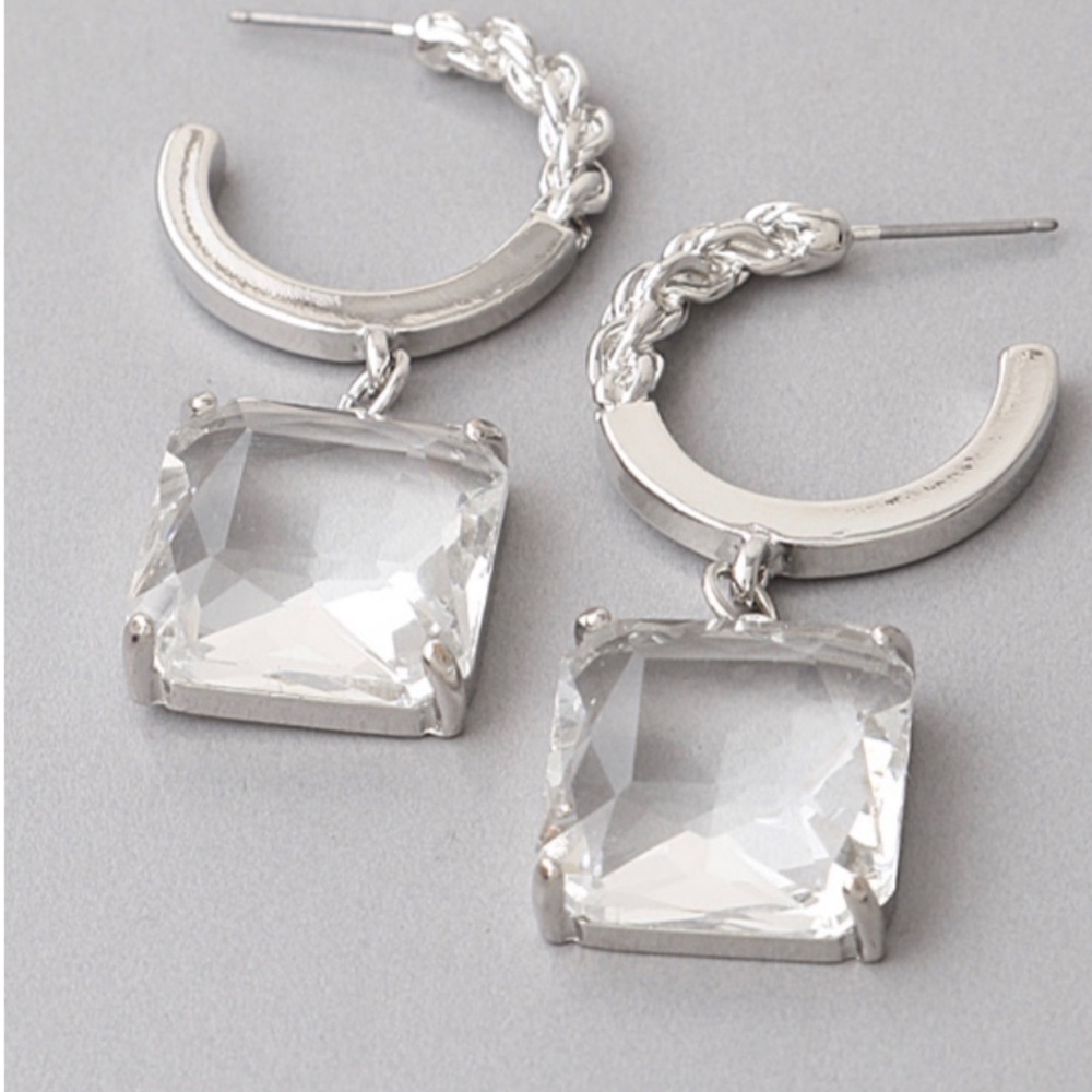 Silver Open Hoops w/Square Drop